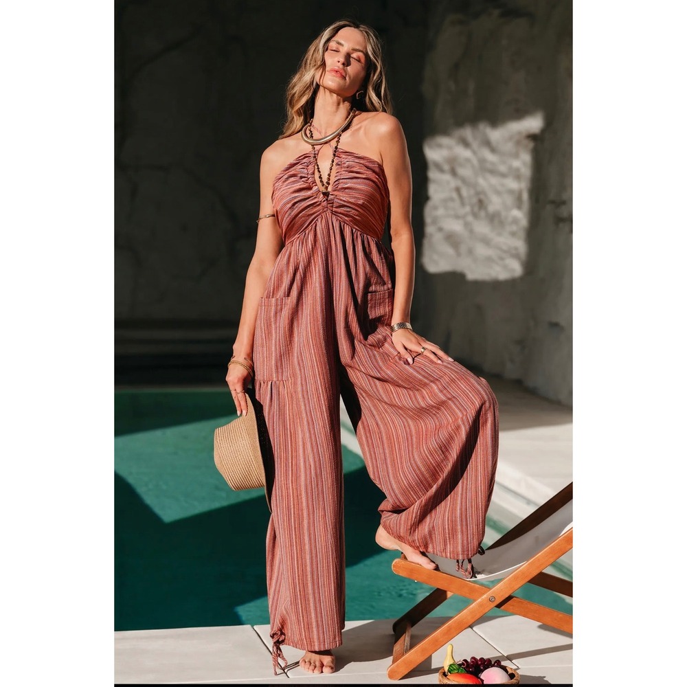Cupshe Striped Wide Leg V-Neck Jumpsuit Rust Multi Tie Back Pockets Bohemian L